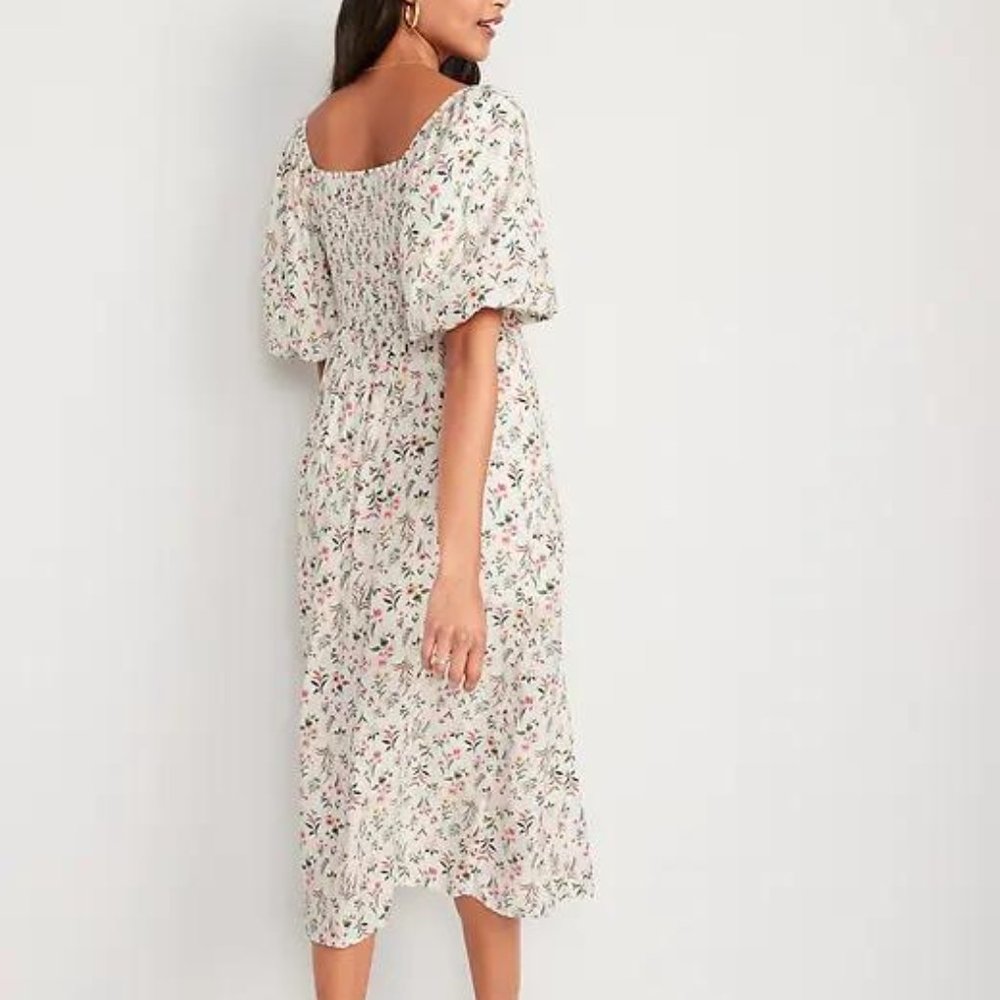 Old Navy Puff-Sleeve Floral-Print Pintucked Smocked Midi Swing Dress for Women - Picture 2 of 3